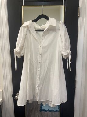 White Puff Sleeve Mini Shirt Dress - Mable
